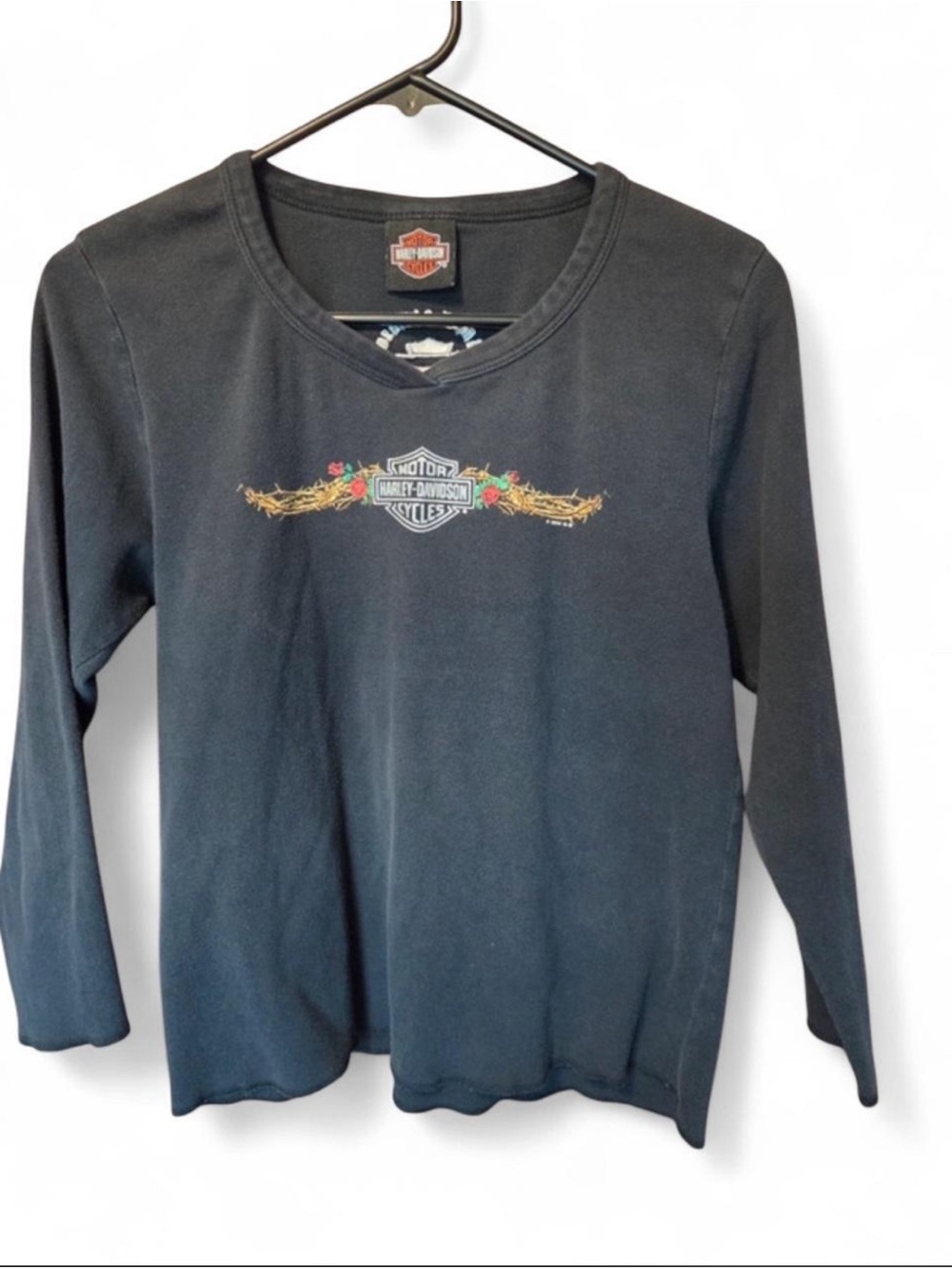 Harley-Davidson vintage Black women’s Long Sleeve Logo Tee with roses Accent